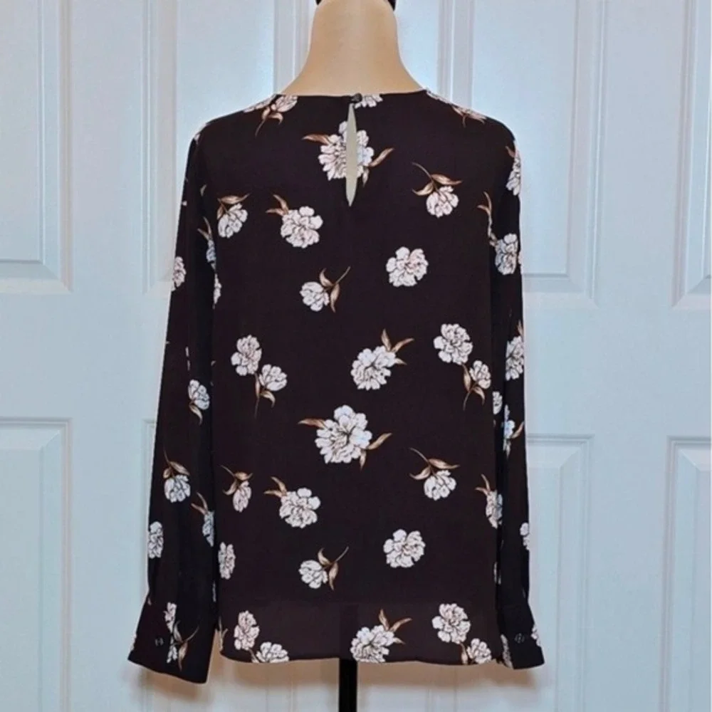 Ann Taylor Factory Chocolate Brown Floral Long Sleeve Blouse Keyhole Back Small - Picture 2 of 7